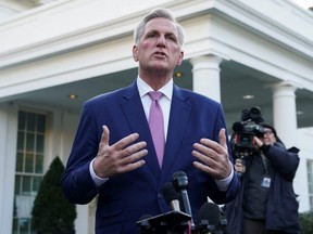 U.S. House Speaker Kevin McCarthy (R-CA) talks to reporters after he met with President Joe Biden to discuss the federal debt limit and spending, at the White House in Washington, D.C., Wednesday, Feb. 1, 2023.