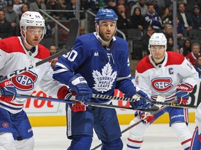 Forward Ryan O'Reilly (centre) make his Maple Leafs debut against the Montreal Canadiens at Scotiabank Arena on Saturday night.