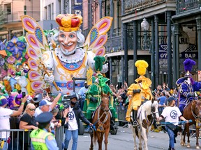 The Butterfly King float rolls down St. Charles Avenue on Mardi Gras Day as the 440 riders of Rex, King of Carnival, celebrate their 150th year with a 26-float parade entitled School of Design Sesquicentennial on March 1, 2022 in New Orleans.