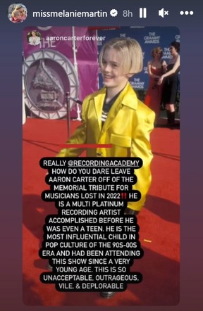 Melanie Martin criticized the Recording Academy for not featuring Aaron Carter in the In Memoriam segment at the Grammy Awards in Los Angeles, Sunday, Feb. 5, 2023.