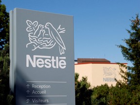 A logo is pictured on a Nestle building at Vers-chez-les-Blanc in Lausanne, Switzerland August 20, 2020.