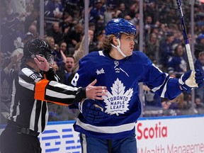 Toronto Maple Leafs forward William Nylander (88) reacts after scoring against the Columbus Blue Jackets during the first period at Scotiabank Arena on Saturday night.