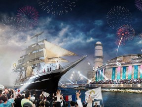 A visual creation released by the Paris 2024 Olympic committee shows the Belem, a historic three-mast ship, entering the Old Port of Marseille with the Olympic flame, while taking part in the Torch Relay for Paris 2024 Olympics, France, February 3, 2023.