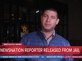 NewsNation reporter Evan Lambert was arrested while covering a news conference about the derailment of a train in Ohio on Wednesday, Feb. 8, 2023.