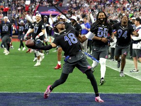 Justin Jefferson of the Minnesota Vikings and NFC celebrates after scoring against the AFC during the 2023 NFL Pro Bowl Games at Allegiant Stadium on February 5, 2023 in Las Vegas, Nevada.