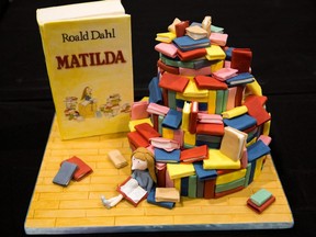 A cake decorated in the style of the Roald Dahl children's book "Matilda" is displayed at the Cake and Bake show in London, England, Oct. 3, 2015.