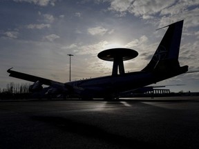 A NATO AWACS surveillance plane is parked at the Romanian Air Force 90th Airlift Base, in Otopeni, Ilfov, Romania, Jan. 17, 2023.