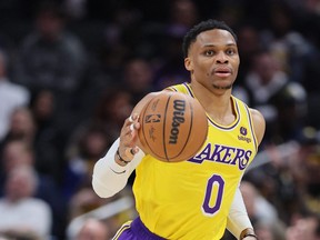 Russell Westbrook of the Los Angeles Lakers dribbles the ball during the game against the Indiana Pacers at Gainbridge Fieldhouse on Feb. 2, 2023 in Indianapolis, Ind.