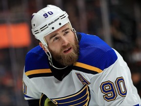 Ryan O'Reilly of the St. Louis Blues looks on during the second period of a game against the Anaheim Ducks at Honda Center on March 11, 2020 in Anaheim, Calif.
