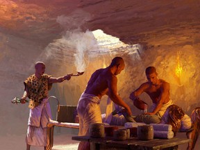 An ancient Egyptian embalming scene with a priest in an underground chamber is seen in an undated artist's impression.