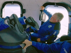 Star Trek actor William Shatner experiences weightlessness during the apogee of the Blue Origin New Shepard mission NS-18 suborbital flight near Van Horn, Texas, U.S. in a still image from video October 13, 2021.