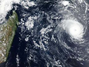 Satellite imagery shows Tropical Cyclone Freddy approaching Madagascar in this undated satellite handout image obtained Feb. 20, 2023.