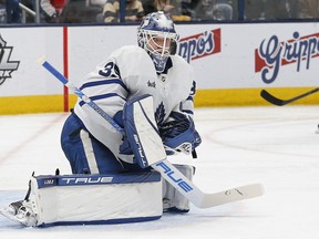 Feb 10, 2023; Columbus, Ohio, USA; Toronto Maple Leafs goalie Ilya Samsonov (35) tracks the rebound of a Columbus Blue Jackets shot attempt during the second period at Nationwide Arena.