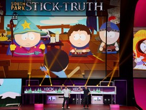 South Park creators Trey Parker and Matt Stone introduce the new South Park interactive game for Xbox: "The Stick of Truth," at the Microsoft Xbox E3 2012 media briefing in Los Angeles, June 4, 2012.