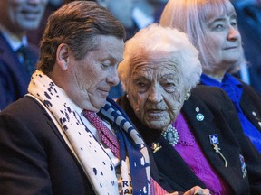 Mayor John Tory and Hazel McCallion attend Johnny Bower celebration of Life service at the ACC in Toronto on Wednesday, Jan. 3, 2018.