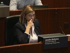 Toronto city council member Jennifer McKelvie of Ward 25 Scarborough Rouge listening matters at Toronto City Hall council chambers on Tuesday, July 19, 2022.
