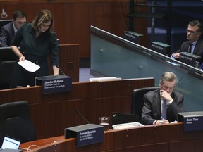 Toronto Deputy Mayor Jennifer McKelvie stands to ask a question behind Mayor John Tory at City Hall on Wednesday, February 15, 2023.