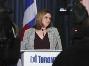 Toronto's Deputy Mayor Jennifer McKelvie speaks to media after John Tory made his final speech as mayor on Friday, February 17, 2023.