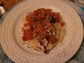 A bruschetta-chicken-pasta main course served at the Tea Room inside Special Effects Lifestyle Boutique in Brighton, Ont.
