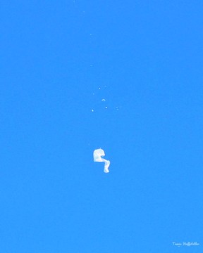 A suspected Chinese spy balloon is seen after it was shot down off the coast of Garden City, South Carolina, U.S. February 4, 2023. Travis Huffstetler/Handout via REUTERS