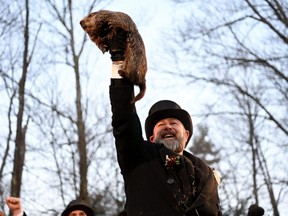 AJ Dereume holds up Phil the groundhog as he is to make his prediction on how long winter will last during the Groundhog Day Festivities, at Gobblers Knob in Punxsutawney, Pa., Feb. 2, 2023.