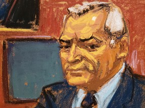 Mexico's former Public Security Minister Genaro Garcia Luna listens to testimony at a courthouse in New York, February 8, 2023 in this courtroom sketch.