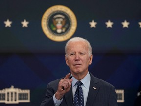 U.S. President Joe Biden speaks about a high-altitude Chinese balloon and three other objects that were recently shot down by U.S. fighter jets, during brief remarks in the Eisenhower Executive Office Building's South Court Auditorium on the White House campus in Washington, Feb. 16, 2023.