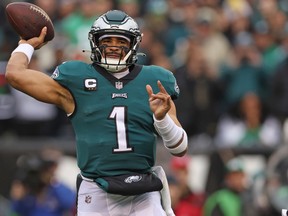 Jan 29, 2023; Philadelphia, Pennsylvania, USA; Philadelphia Eagles quarterback Jalen Hurts (1) throws a pass during the first quarter against the San Francisco 49ers in the NFC Championship game at Lincoln Financial Field.