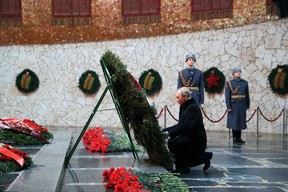 Russian President Vladimir Putin attends a wreath-laying ceremony during an event marking the 80th anniversary of the Battle of Stalingrad in World War II at the Mamayev Kurgan memorial complex in Volgograd, Russia, February 2, 2023.