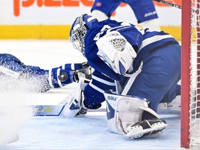 Toronto Maple Leafs goalie Joseph Woll (60) makes a save against the Montreal Canadiens in the second period at Scotiabank Arena.