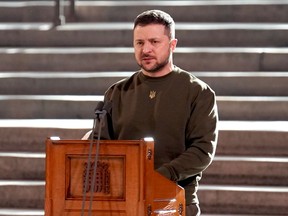 Ukrainian President Volodymyr Zelenskyy addresses parliamentarians in Westminster Hall on February 8, 2023 in London, England.