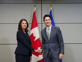 Prime Minister Justin Trudeau meets with Alberta Premier Danielle Smith as Canada's premiers meet in Ottawa on Tuesday, Feb. 7, 2023 in Ottawa.