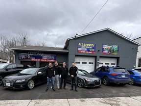 (L-R): Norbert Hegedus (brother), Mark Hegedus (brother), Zoltan Hegedus (father), Daniel Hegedus (brother) at OOOOnly Audi in Schomberg, Ont., who have offered to repair Taylor-anna Zobinger's Audi for free after it was stolen from Laval, Que., and used in a robbery at Vaughan Mills mall.