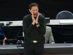 Utah Jazz head coach Quin Snyder yells to his players during the first quarter against the Boston Celtics at Vivint Smart Home Arena.