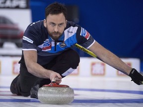 Scotland skip David Murdoch makes a shot during the 10th draw against Netherlands at the Men's World Curling Championships in Edmonton, April 4, 2017.