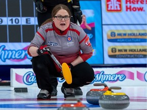 Northwest Territories skip Kerry Galusha watches a rock as they play New Brunswick in playoff action at the Scotties Tournament of Hearts at Fort William Gardens in Thunder Bay, Ont., Friday, Feb. 4, 2022.