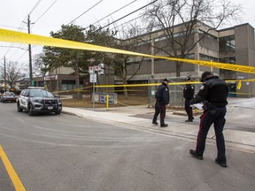 Toronto Police at Weston Collegiate Institute after a shooting on Thursday February 16, 2023 injured a 15-year-old student in the parking lot.