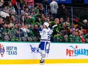 Maple Leafs' Auston Matthews celebrates scoring the game-winning goal against the Dallas Stars in overtine at the American Airlines Center.