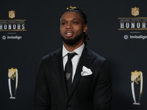 Buffalo Bills safety Damar Hamlin poses for a photo on the red carpet before the NFL Honors award show at Symphony Hall in Phoenex, Ariz., Feb. 9, 2023.
