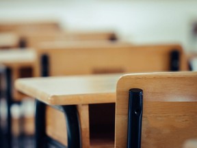 An empty school classroom.