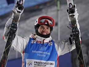 Mikael Kingsbury of Canada celebrates his win in the men's dual moguls World Cup competition Saturday, Feb. 4, 2023, in Park City, Utah.