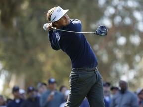 Keith Mitchell hits from the ninth tee during the final round of the Genesis Invitational golf tournament at Riviera Country Club, Sunday, Feb. 19, 2023, in the Pacific Palisades area of Los Angeles.