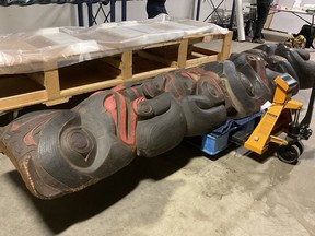 A First Nations house post, shown in a handout photo, is being returned to its home in B.C. after 138 years, including spending the last two decades in storage at Harvard University in Massachusetts.
