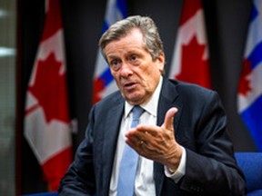 Toronto Mayor John Tory speaks during a year-end interview at the protocol lounge at his city hall office in Toronto, Ont. on Wednesday, Dec. 21, 2022.