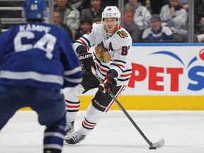 Chicago Blackhawks' Patrick Kane skates with the puck against the Maple Leafs at Scotiabank Arena on Wednesday, Feb. 15, 2023 in Toronto.