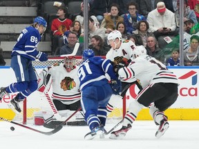 Maple Leafs' John Tavares attempts a shot on Chicago Blackhawks goaltender Petr Mrazek during the second period at Scotiabank Arena on Wednesday, Feb. 15, 2023.