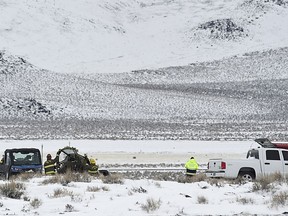 A Care Flight medical transport plane carrying a patient and four others that crashed the day before is seen Saturday, Feb. 25, 2023, in Lyon County, Nev.