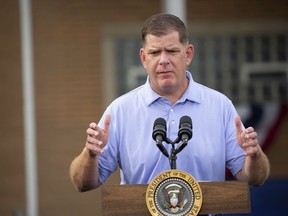 U.S. Secretary of Labor Marty Walsh speaks before President Joe Biden at a United Steel Workers of America Labor Day event in West Mifflin, Pa., Sept. 5, 2022. The NHL Players' Association has hired Walsh as its new executive director.