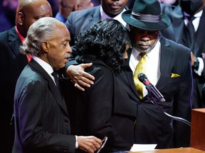 RowVaughn Wells hugs her husband Rodney Wells after speaking at the funeral service for her son Tyre Nichols at Mississippi Boulevard Christian Church on February 1, 2023 in Memphis, Tennessee.