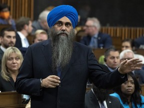 The federal Conservatives are clarifying their opposition to Quebec's secularism law, one day after its members of Parliament voted in support of the provision the province used to make it into law. Conservative deputy leader Tim Uppal rises during Question Period at Parliament Hill in Ottawa, Nov. 17, 2022.